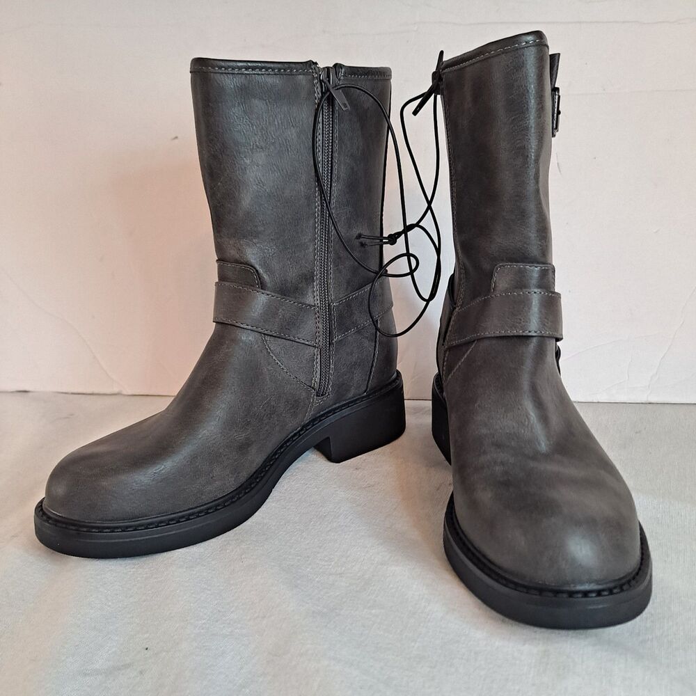 Jellypop Bruno Moto Boots Women's Sz 6 Faux Leather Gray Harness Straps Studded
